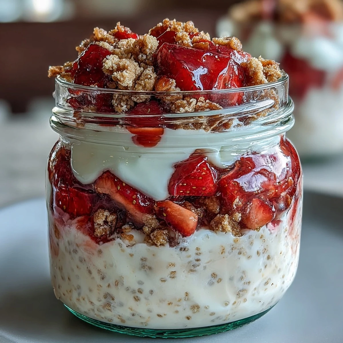 Layered strawberry cheesecake overnight oats in mason jars with creamy yogurt and fresh berries for a vibrant, make-ahead breakfast.  