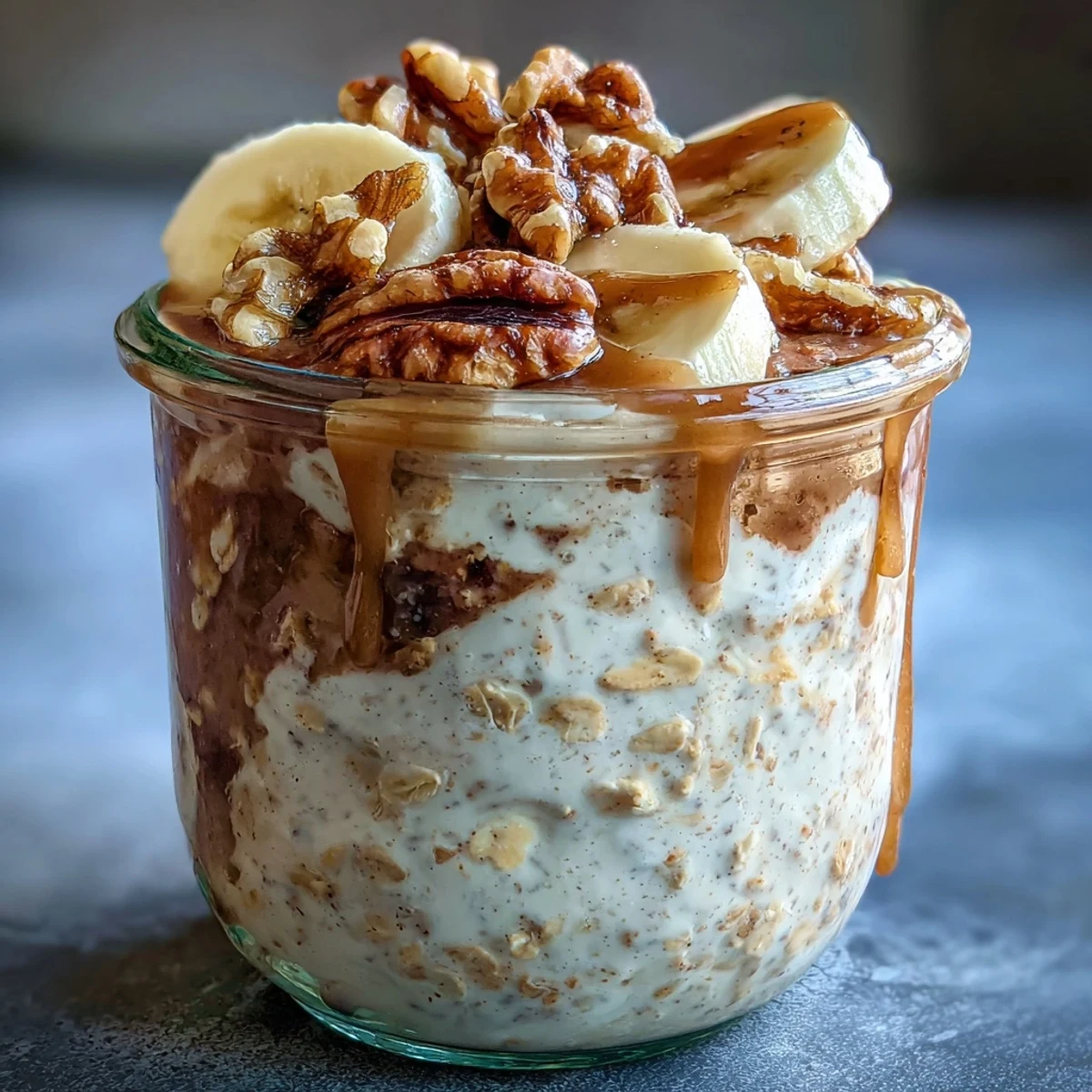 Creamy Banana Bread Overnight Oats with Walnuts in a jar, topped with banana slices and crunchy walnuts, drizzled with maple syrup.