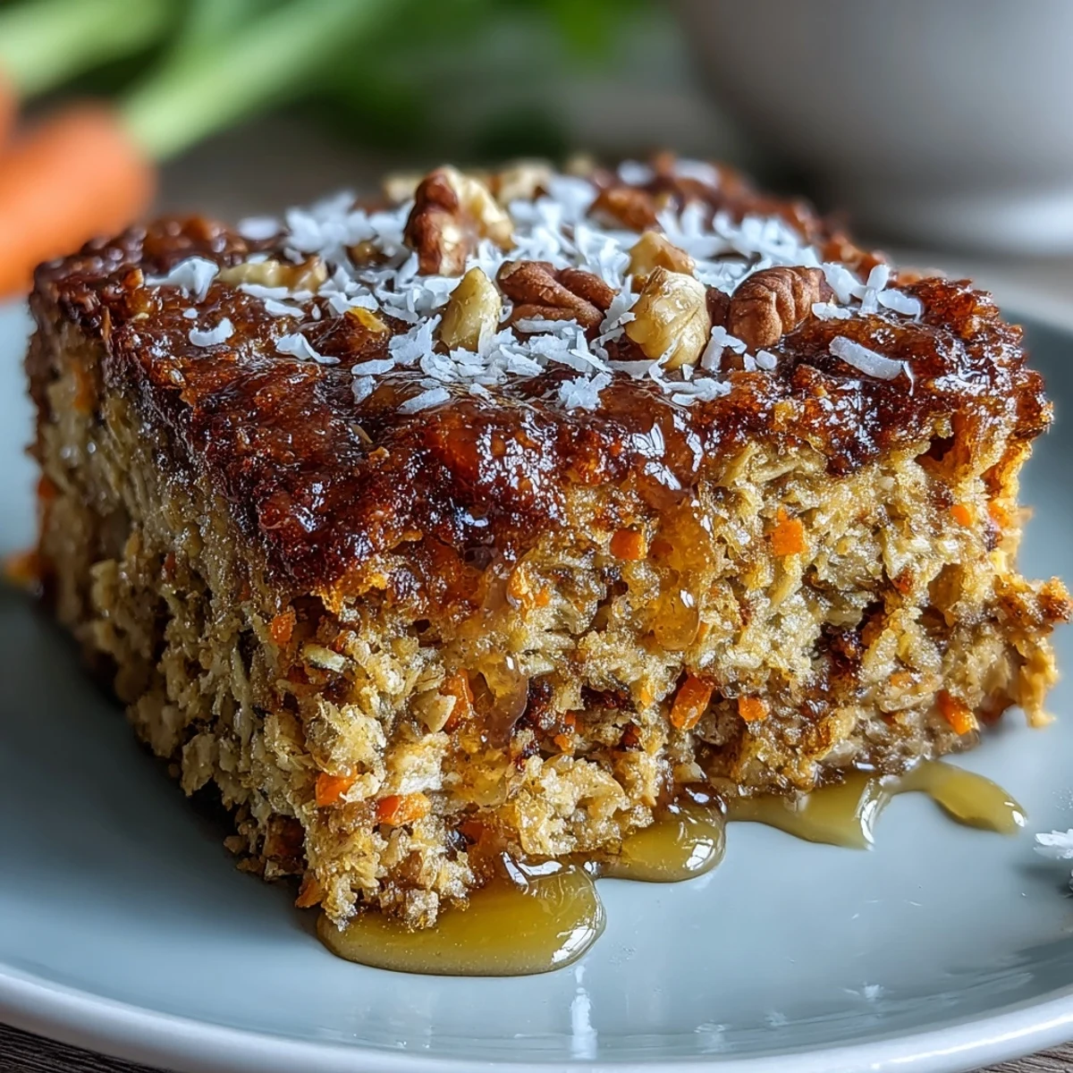 Moist spring carrot cake baked oatmeal squares with fresh grated carrots and warm spices, topped with crunchy walnuts for a wholesome breakfast treat.  