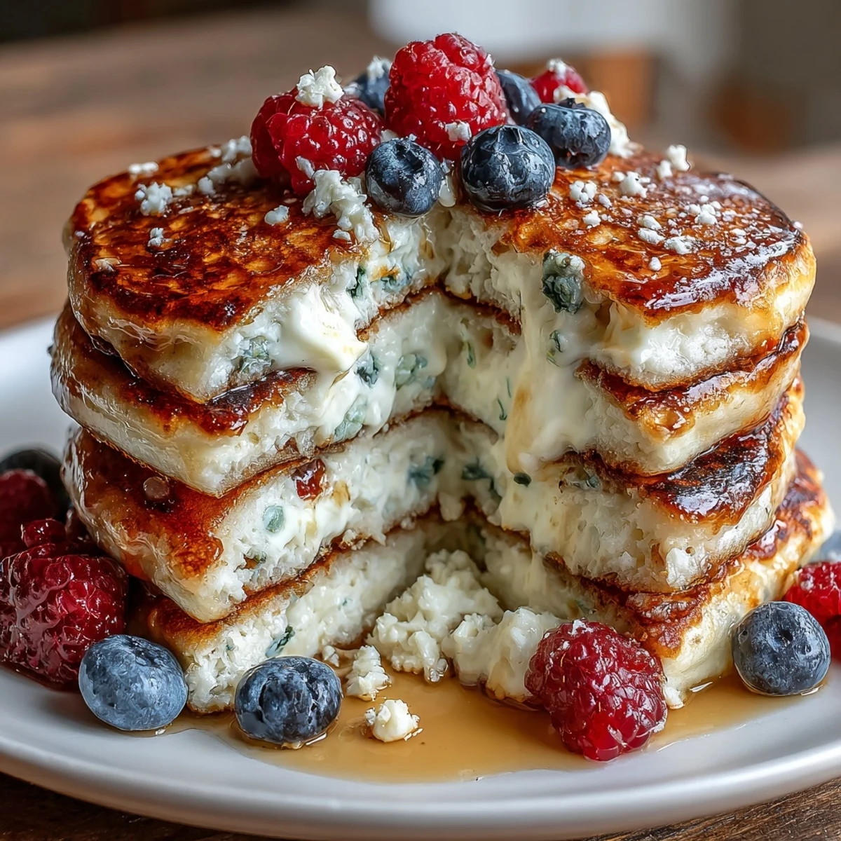 Fluffy cottage cheese and berry protein pancakes stacked high with fresh fruit and syrup.  