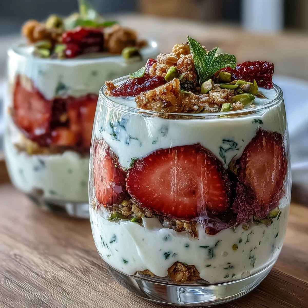 Vibrant Pistachio and Strawberry Breakfast Parfait with layers of creamy Greek yogurt, fresh strawberries, and crunchy pistachios.  