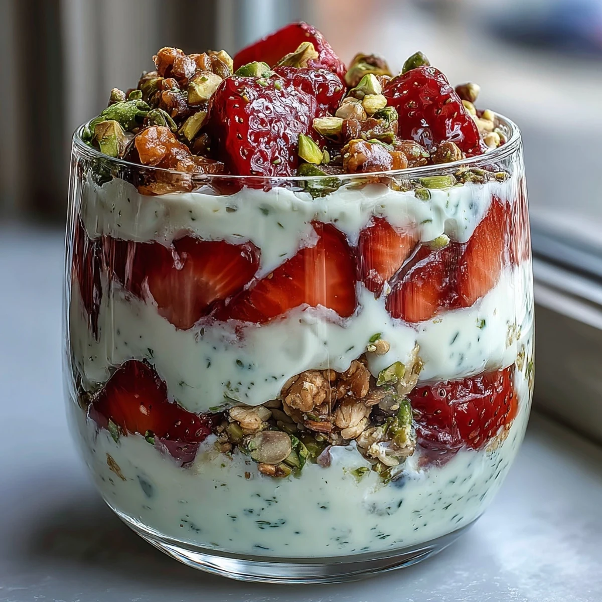 Layered Pistachio and Strawberry Breakfast Parfait with tangy strawberries, crunchy granola, and chopped pistachios for a satisfying morning treat.