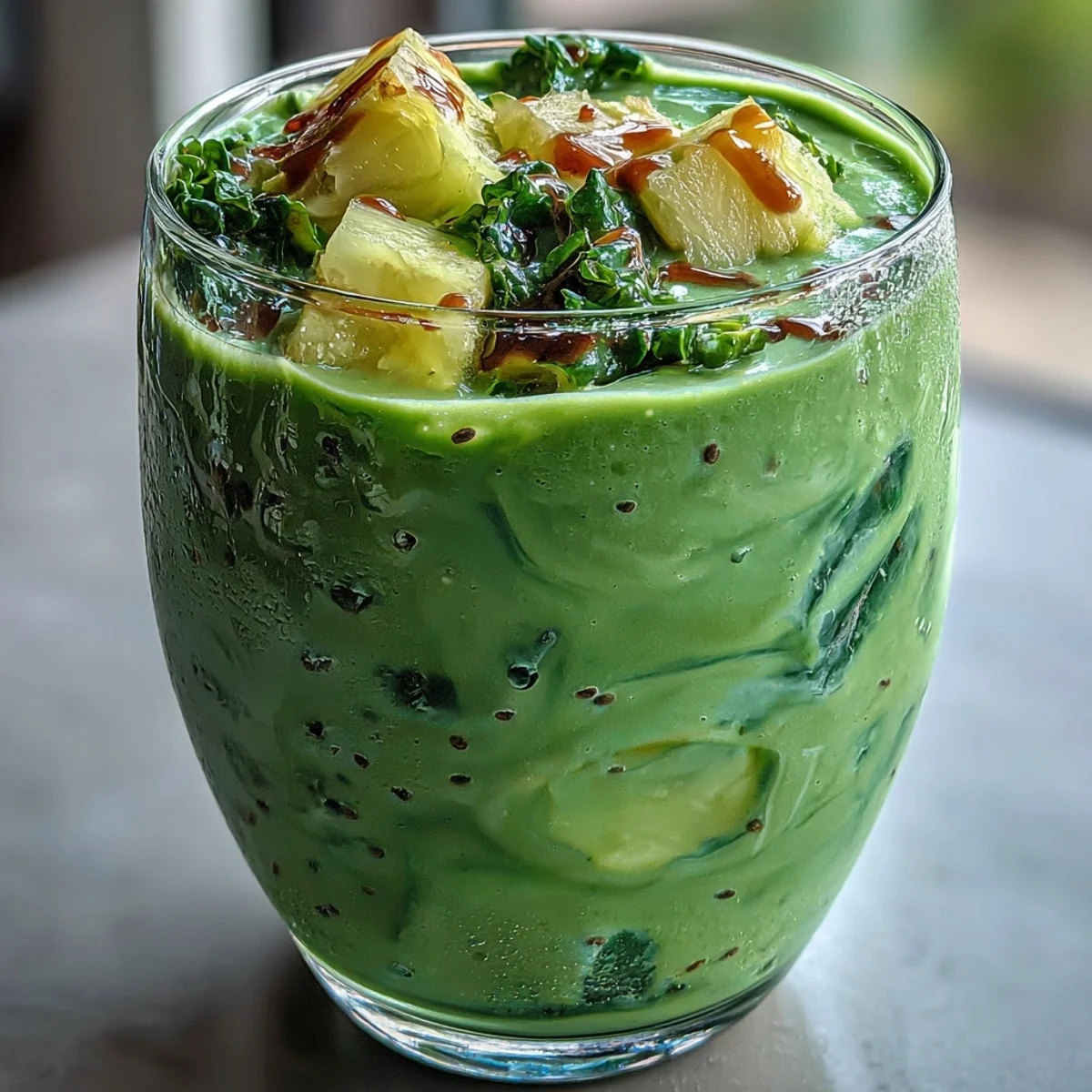 A vibrant green shamrock smoothie blending fresh pineapple and spinach for a refreshing, nutrient-packed treat.