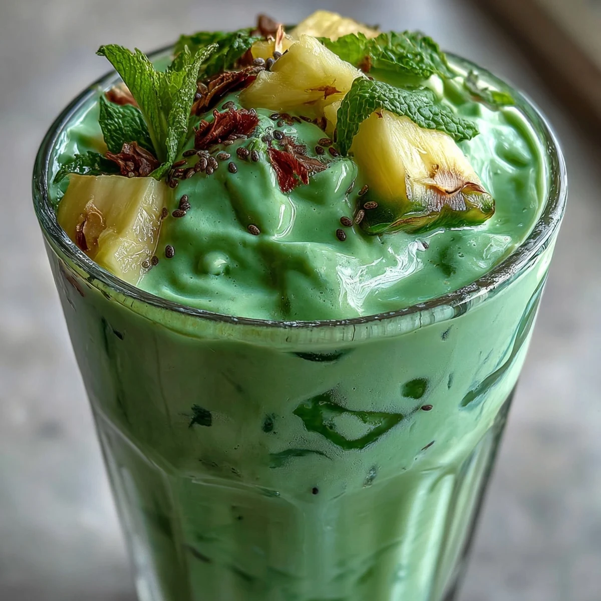Bright green smoothie featuring sweet pineapple, fresh spinach, and chia seeds for a delicious, energizing drink.