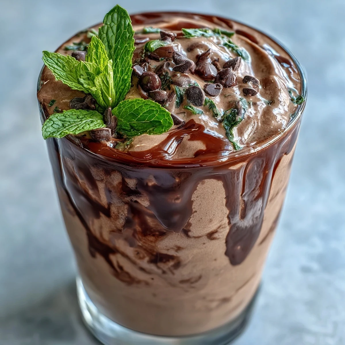 Rich mint chocolate protein shake with frozen banana, garnished with fresh mint leaves and mini chocolate chips for an indulgent yet healthy drink.