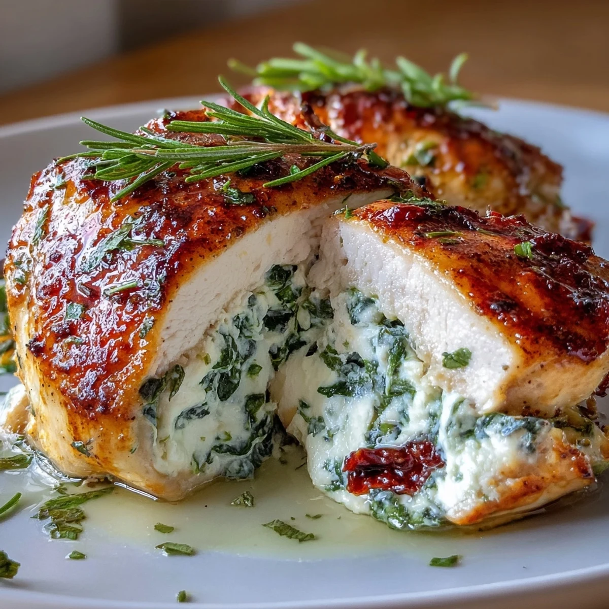 Mediterranean-style spinach and feta stuffed chicken breasts, bursting with flavor from herbs and tangy cheese, baked to perfection.