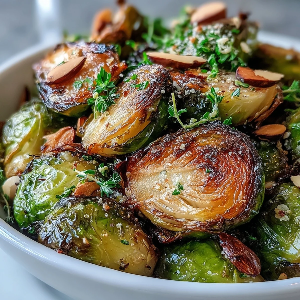 Herb-lemon roasted Brussels sprouts with almonds, golden and crisp-tender, garnished with fresh parsley and toasted nuts.