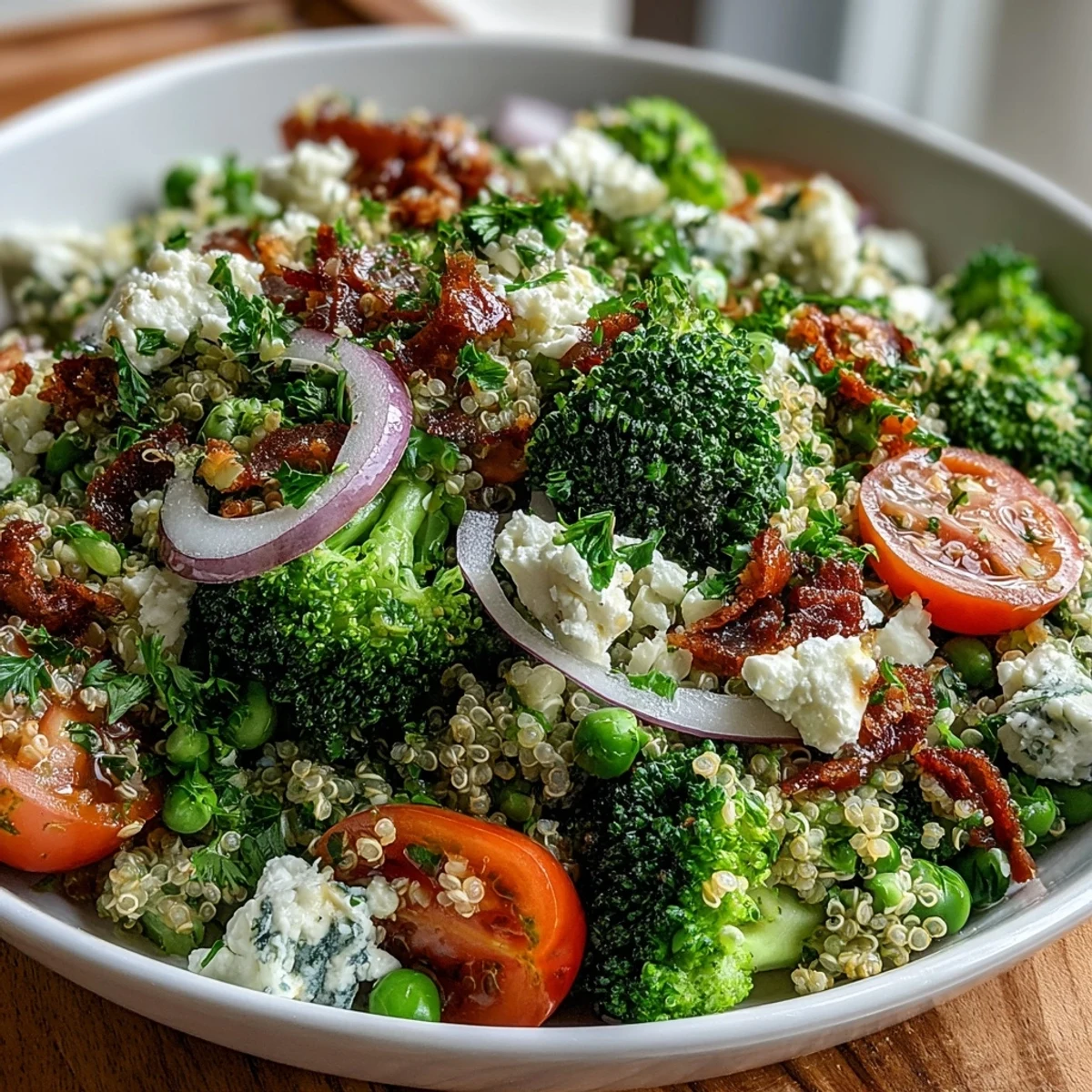 Nutty quinoa and crisp-tender broccoli combine with sweet peas and tangy feta in a protein-packed, gluten-free lunch bowl.  