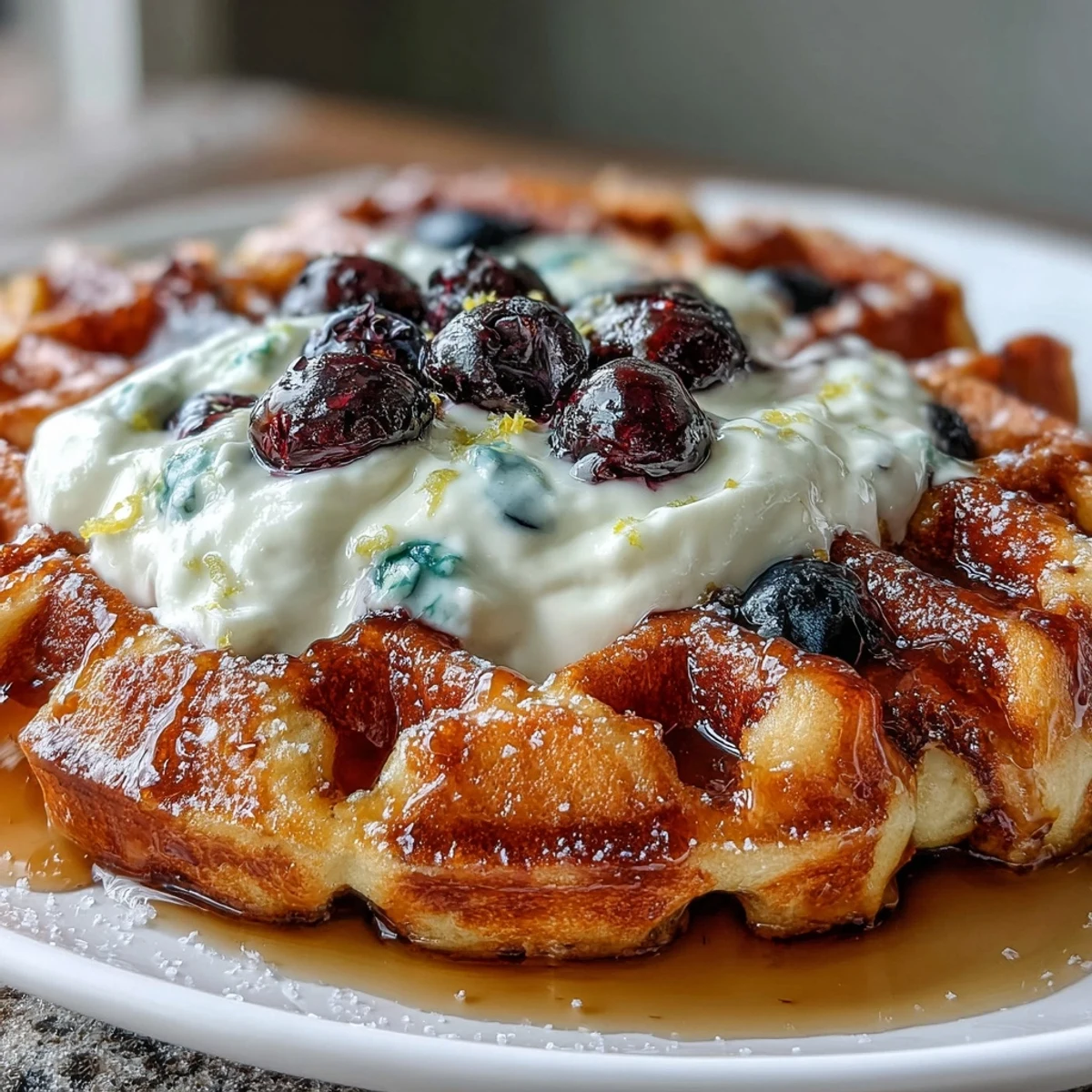Lemon Blueberry Sourdough Waffles with Maple Yogurt