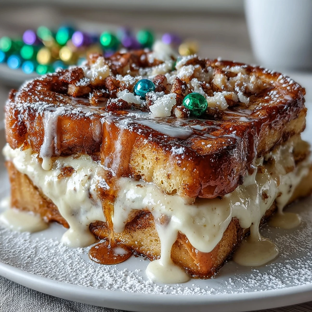 Festive King Cake Overnight French Toast Bake with golden custard-soaked brioche and colorful Mardi Gras sprinkles.  