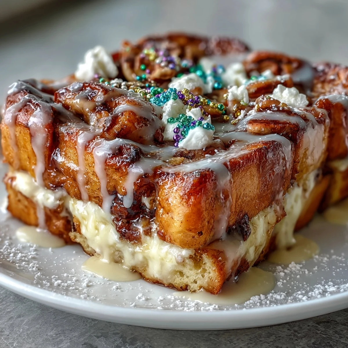 Cinnamon-swirl bread casserole baked until puffed, drizzled with vanilla icing, and topped with purple, green, and gold sugars.  