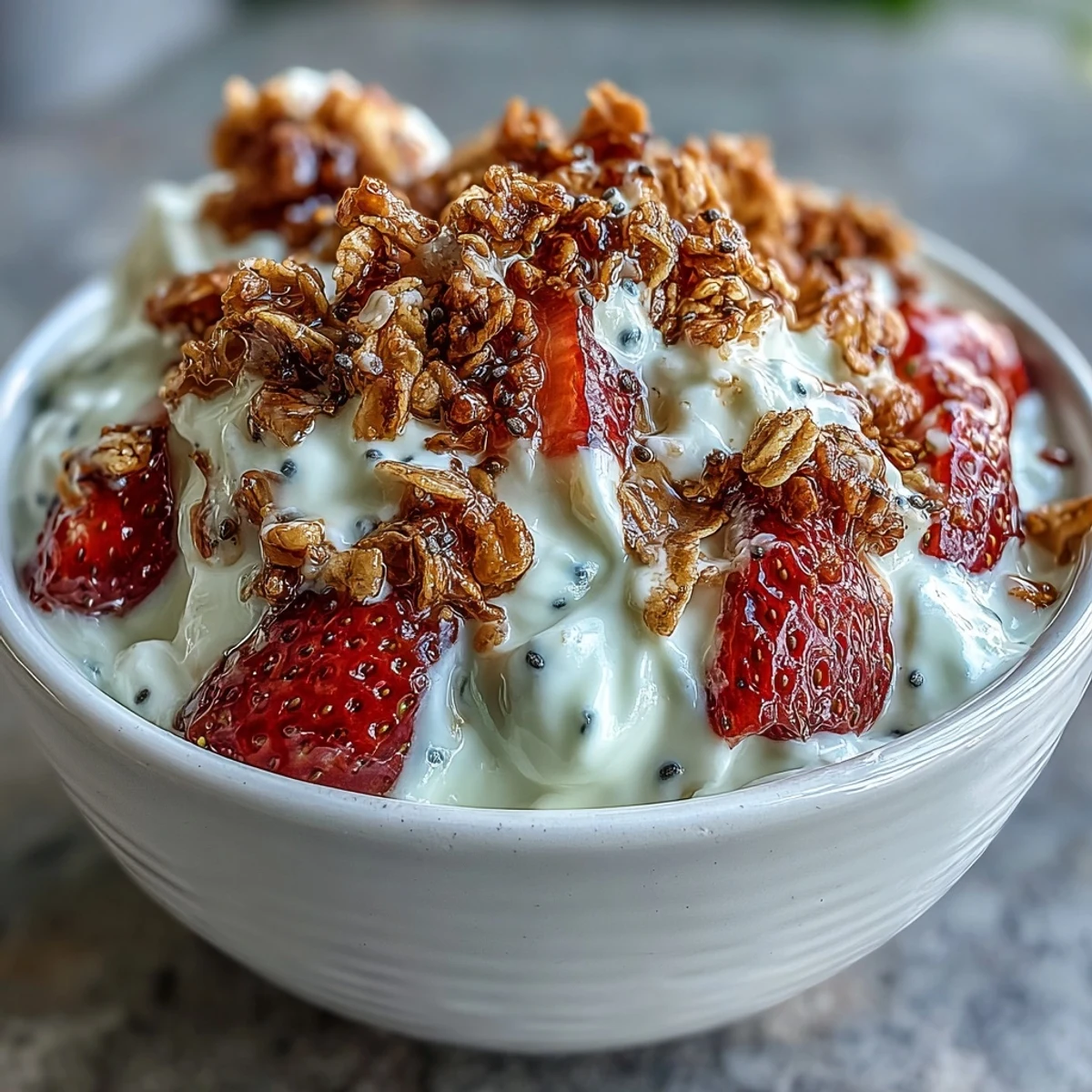 Fluffy Yogurt Breakfast Bowl with Strawberries and Granola Crunch, topped with fresh berries and crunchy granola for a vibrant morning treat.  