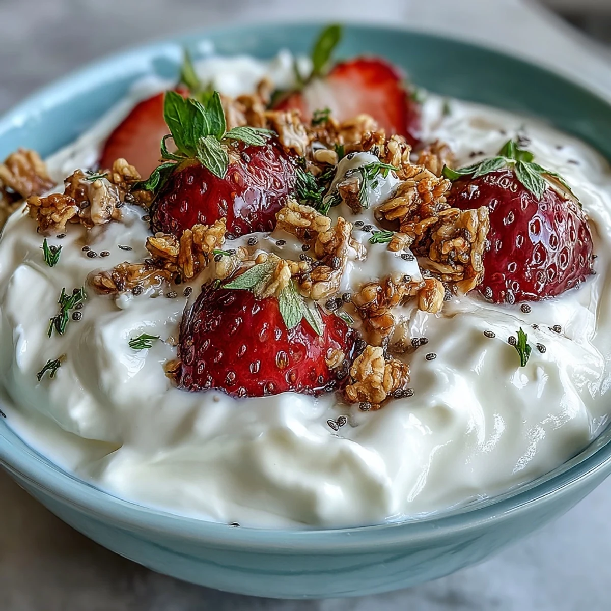 Creamy whipped Greek yogurt layered with juicy strawberries and crunchy granola, garnished with chia seeds and mint for a refreshing start.  