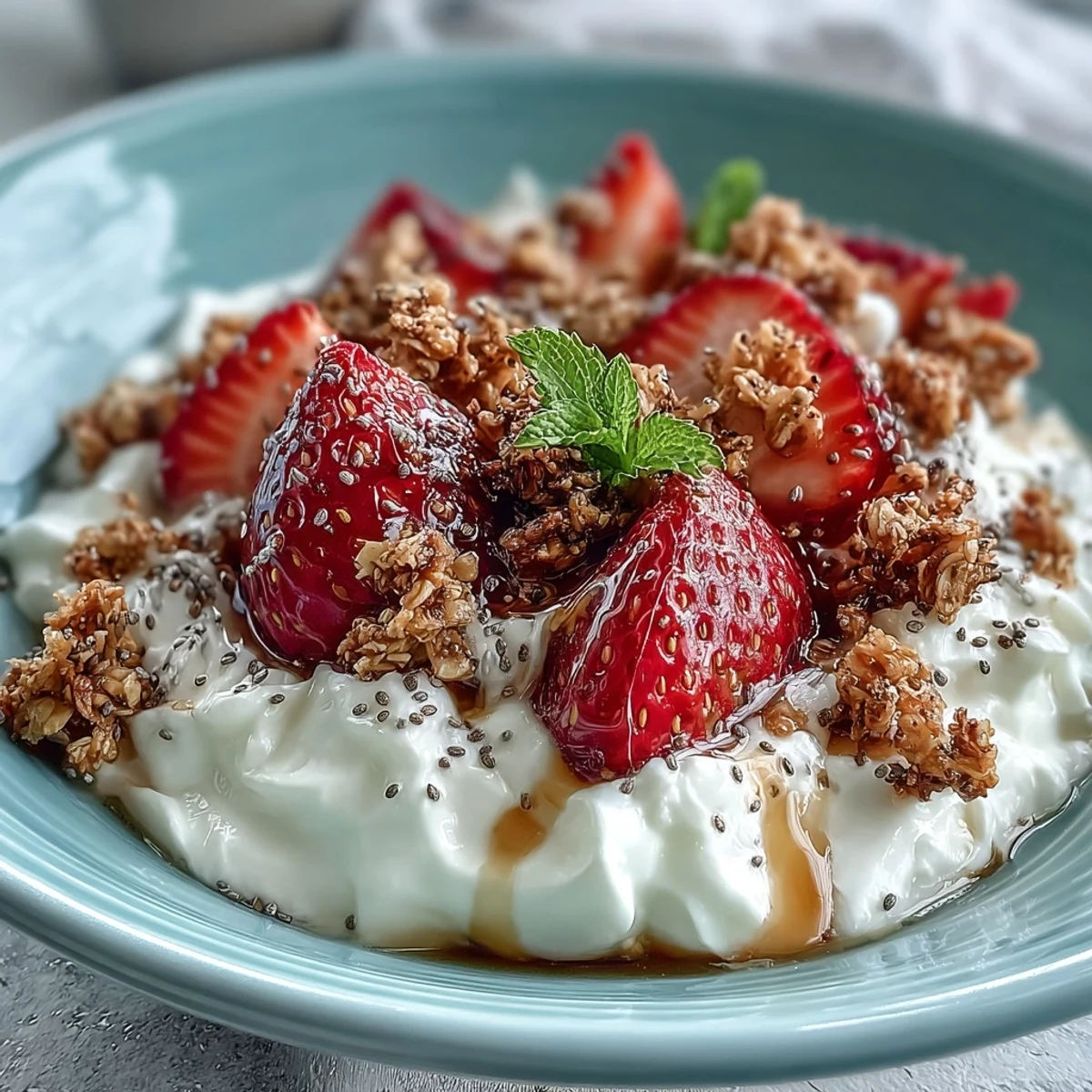 Light and fluffy yogurt breakfast bowl featuring sweet strawberries, crunchy granola, and a drizzle of honey for a wholesome morning delight.