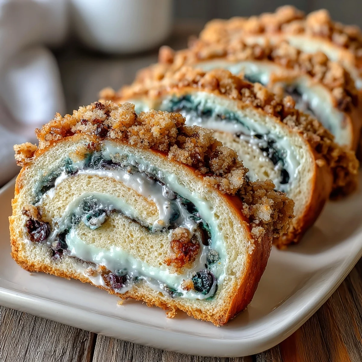 Golden sourdough loaf swirled with blueberries and lemon zest, topped with a buttery crumble for a moist, tangy breakfast treat.  