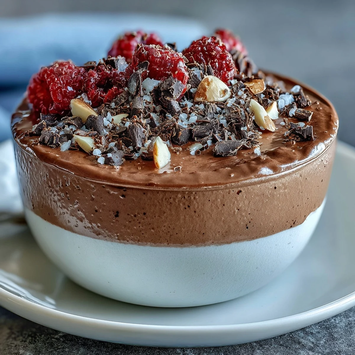 High-protein chocolate cottage cheese mousse cups topped with fresh berries and chocolate shavings.  