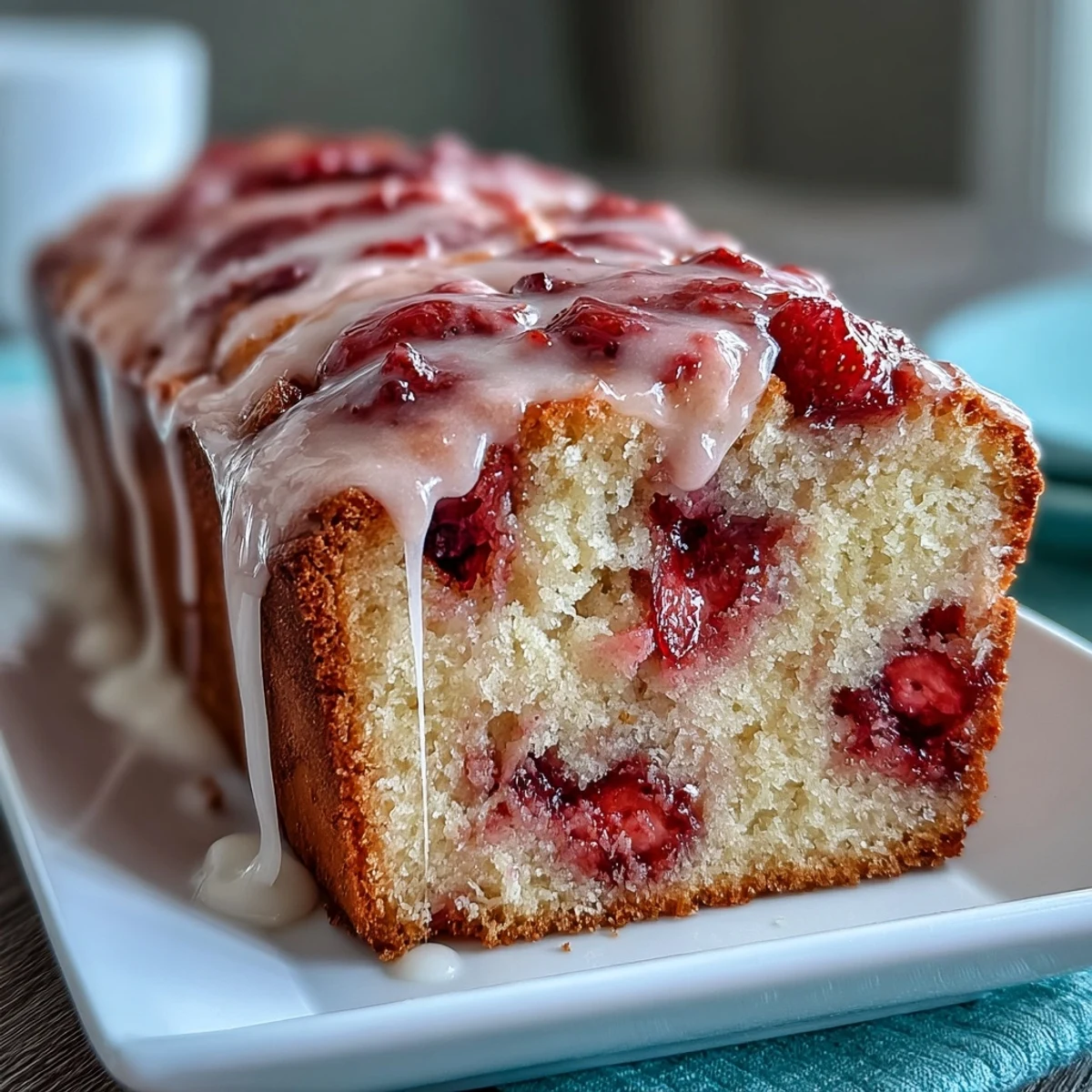 Buttery homemade pound cake with vibrant strawberry swirl and creamy vanilla glaze, ideal for teatime.  