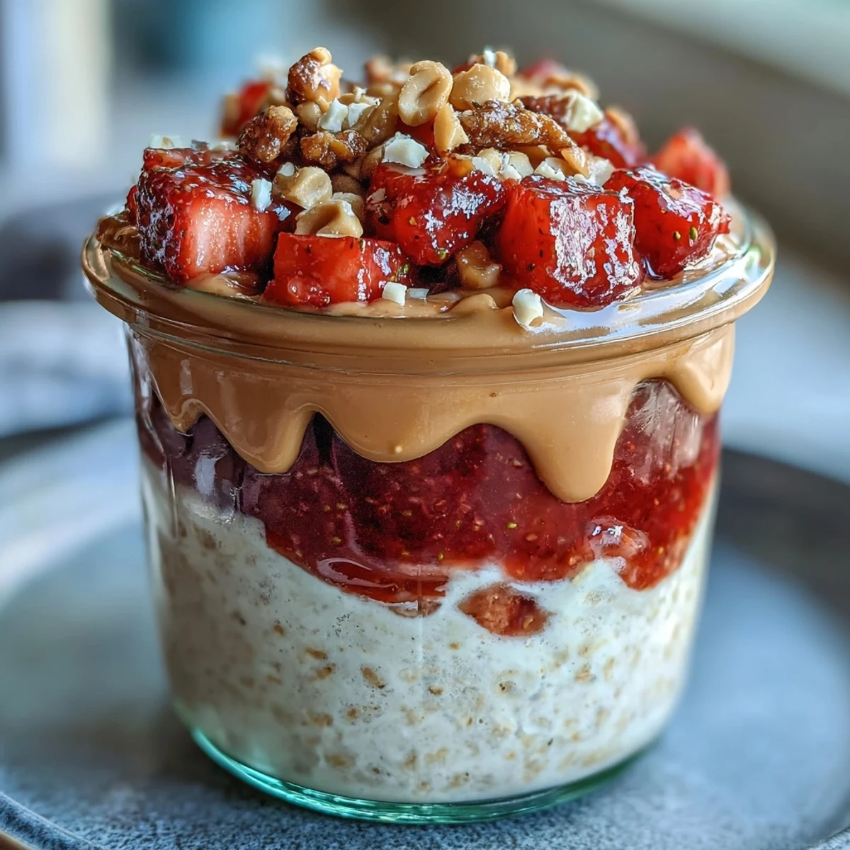 Creamy overnight oats with layers of peanut butter and strawberry jam, topped with fresh strawberries and crunchy peanuts for a protein-rich breakfast.