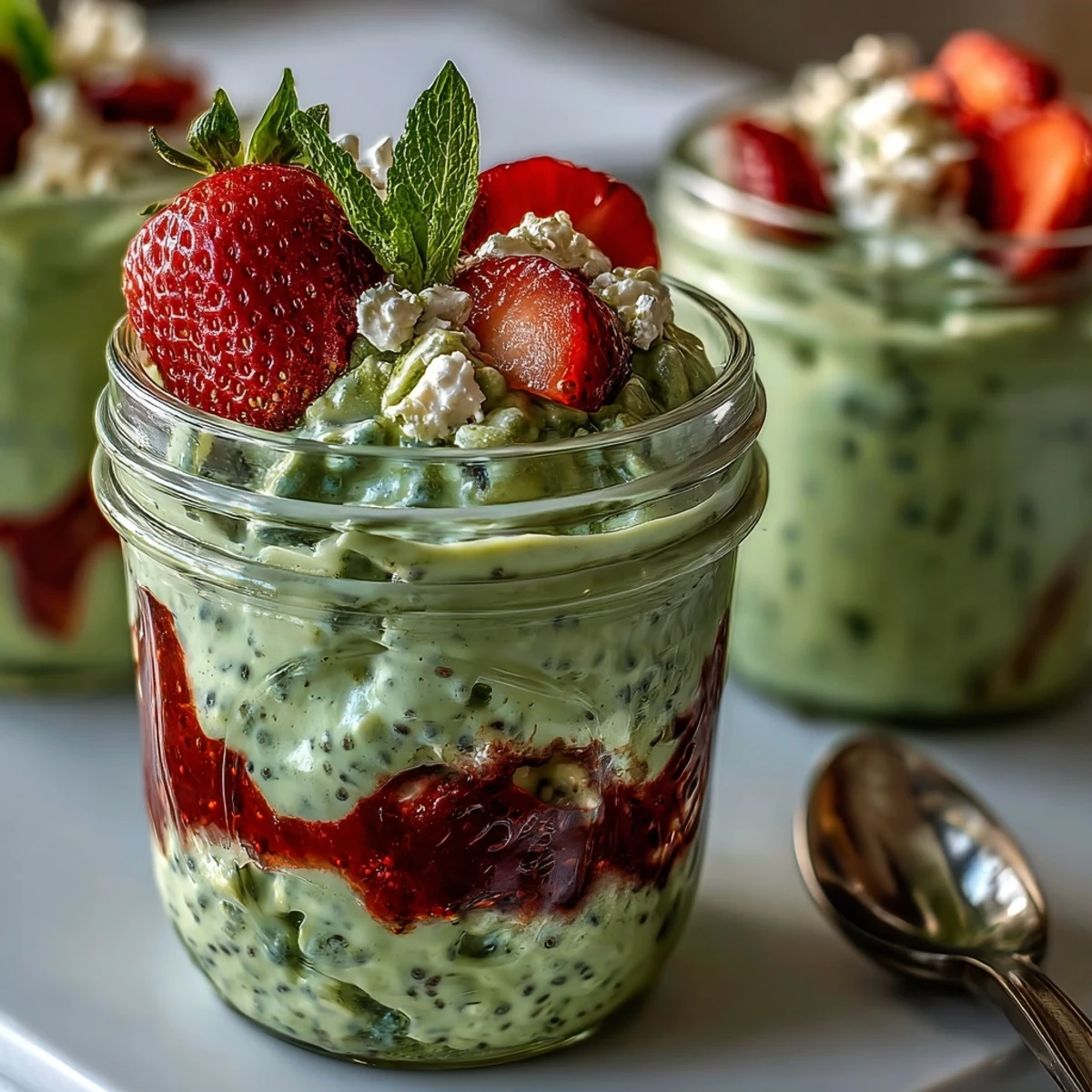 Layered mason jar breakfast featuring strawberry matcha latte overnight oats, blending earthy green tea and sweet berries for a refreshing start.  