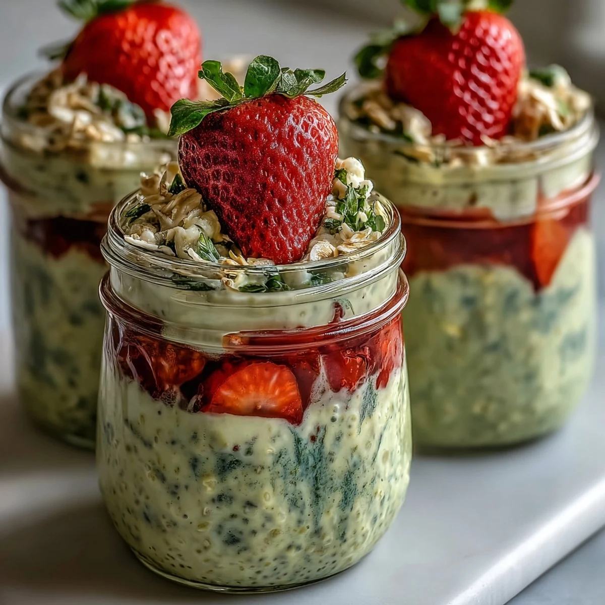 Make-ahead strawberry matcha latte overnight oats in mason jars, combining wholesome oats, matcha, and juicy strawberries for a healthy morning meal.