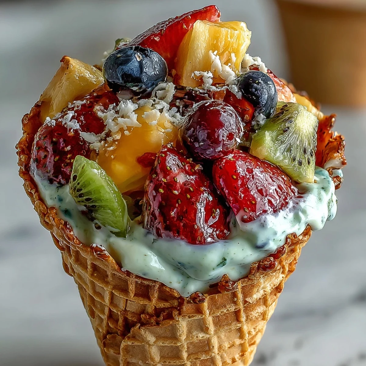 Vibrant waffle cones packed with diced mango, grapes, and mixed berries alongside a tangy lemon-zest yogurt dip for gatherings.