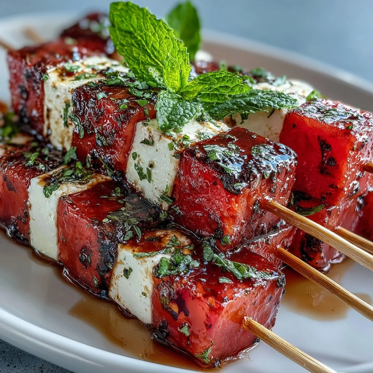 Vibrant watermelon feta salad skewers with fresh mint, drizzled with olive oil and balsamic glaze.  