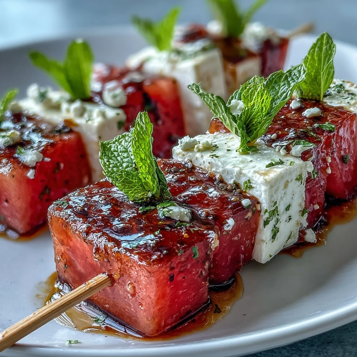 Colorful summer party appetizer featuring juicy watermelon cubes, creamy feta, and mint on skewers.  