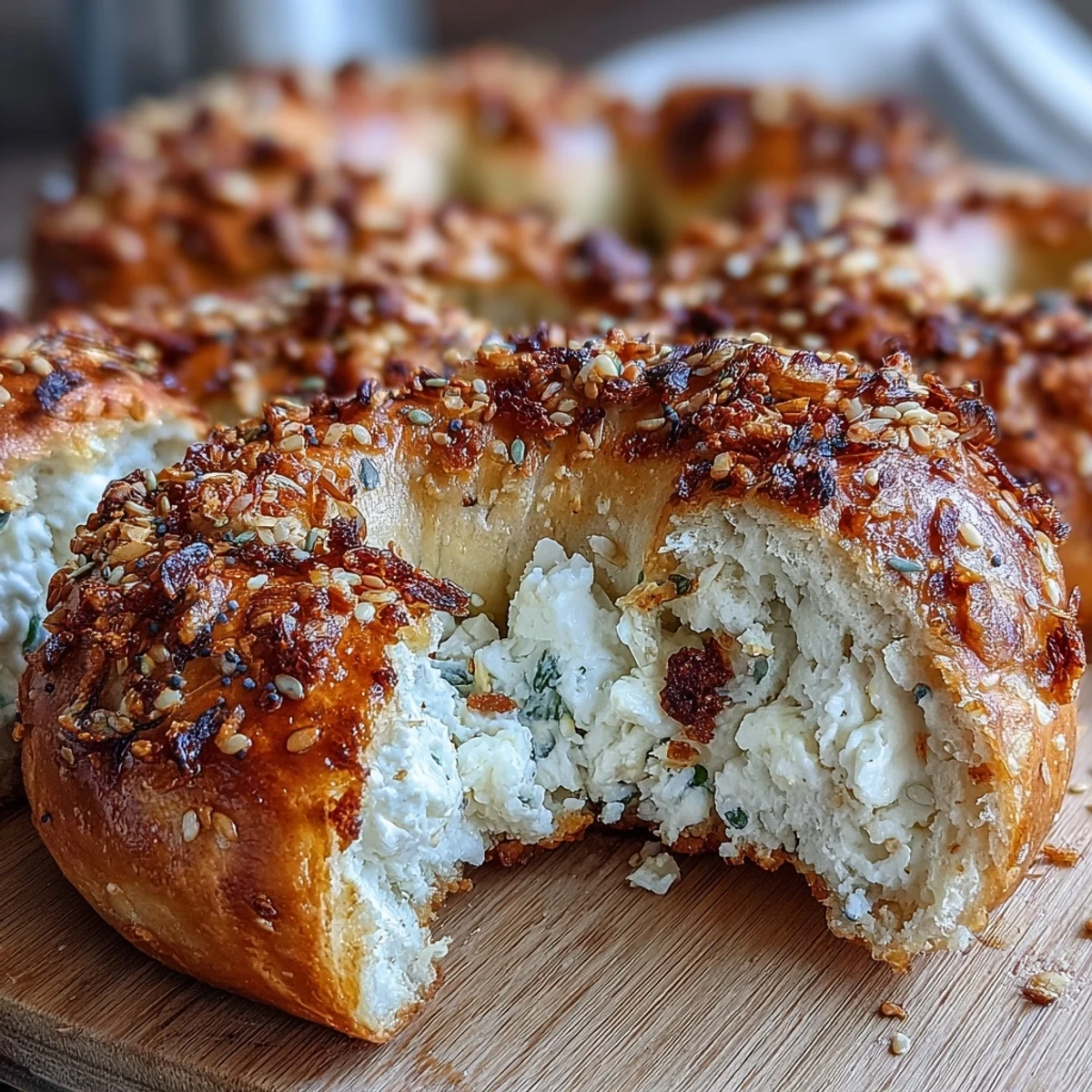 High-protein bagels bursting with flavor, featuring a chewy texture and aromatic everything seasoning for a satisfying bite.