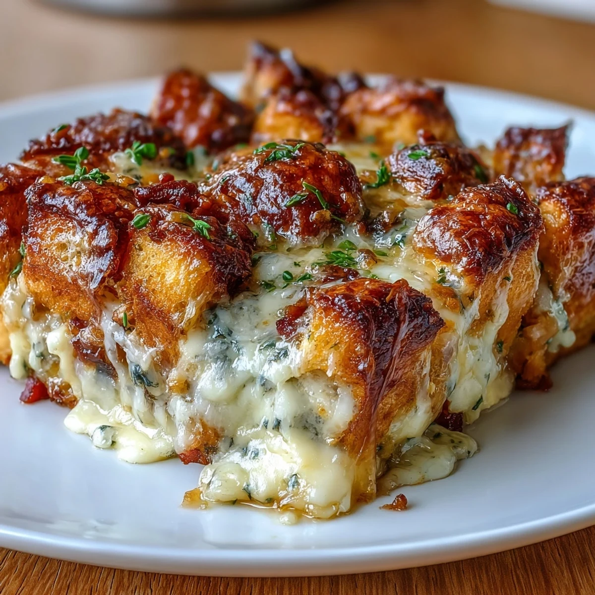 Golden-baked croissant casserole layered with ham, Gruyère, and cheddar, topped with fresh chives for a delicious brunch centerpiece.