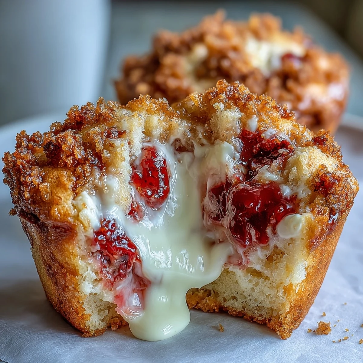 Strawberry cream cheese muffins with juicy berries and creamy cheesecake filling, baked golden for a delicious breakfast treat.