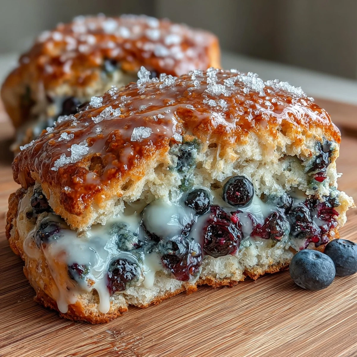 Golden sourdough discard blueberry scones fresh from the oven, with juicy blueberries and a golden, buttery crust.