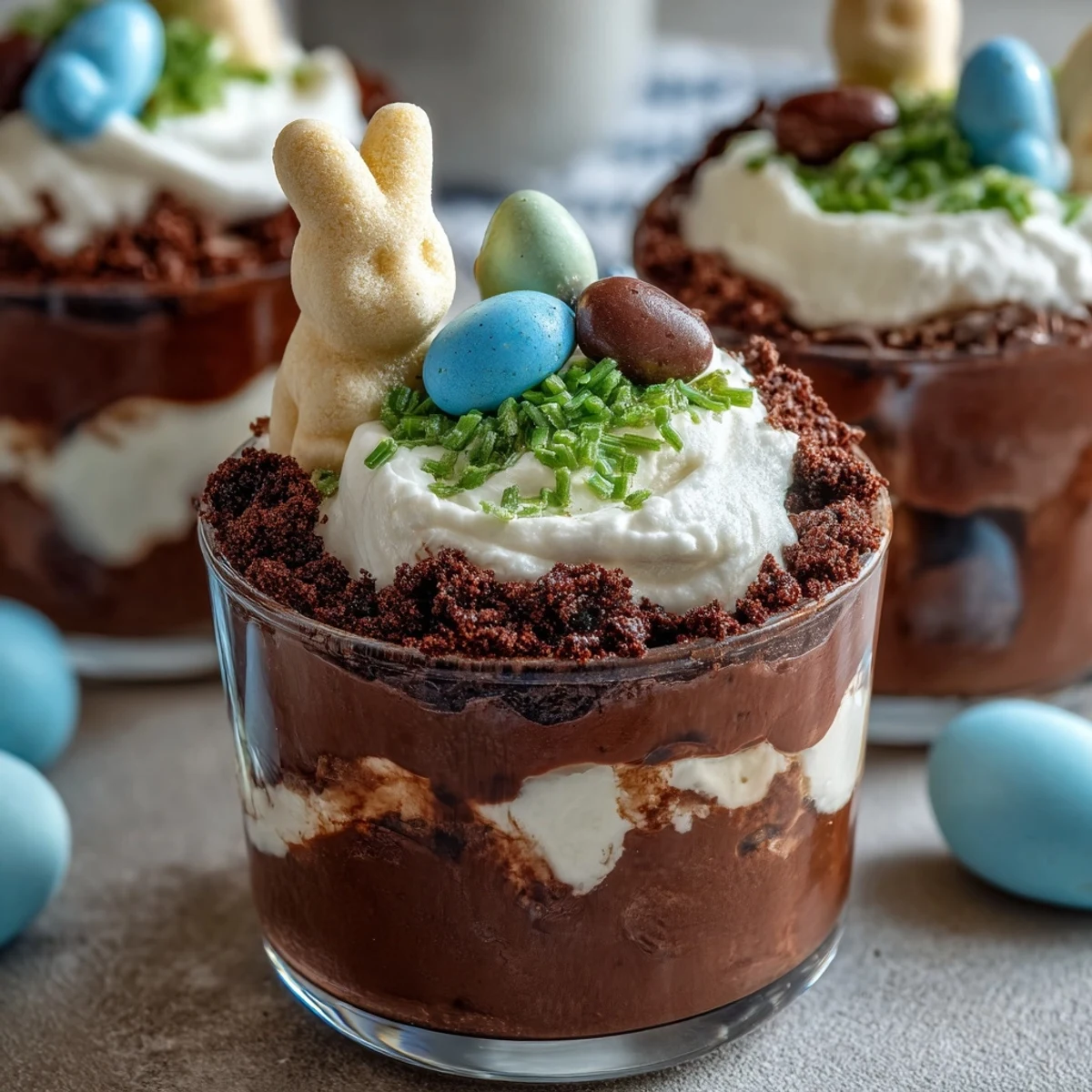 Fun Easter treat for children with chocolate pudding, cookie crumble, and colorful candy eggs and Peeps.