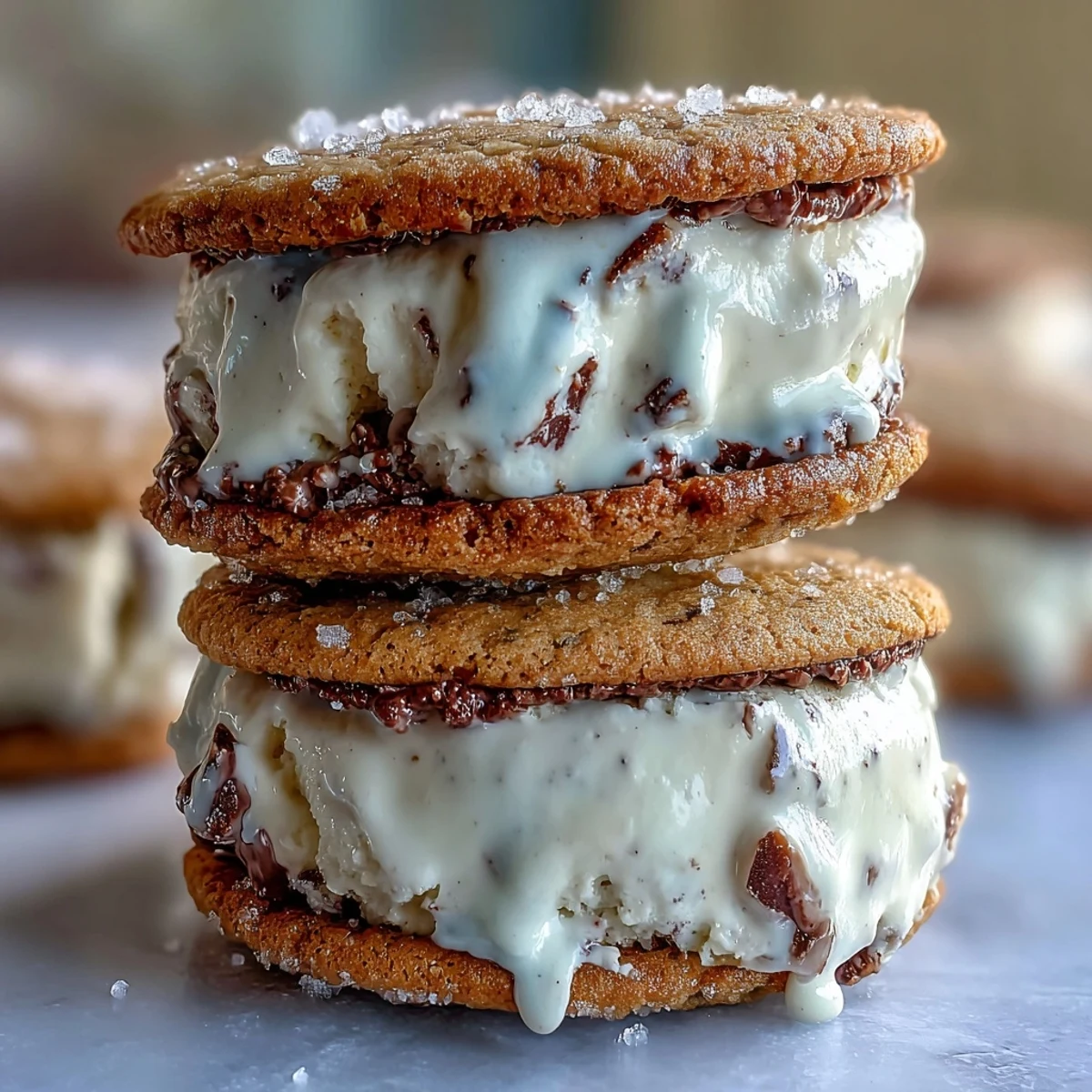 Vanilla bean ice cream sandwiched between soft coffee cookies for a creamy, caffeinated dessert treat.