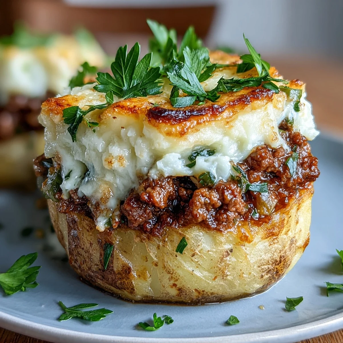 Shepherds Pie Stuffed Baked Potatoes with hearty beef filling and creamy mashed potato topping, golden and bubbling from the oven.  