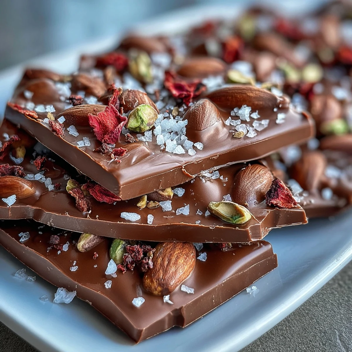 Rich dark chocolate bark topped with freeze-dried strawberries, crushed pistachios, and rose petals for a Middle Eastern treat.  