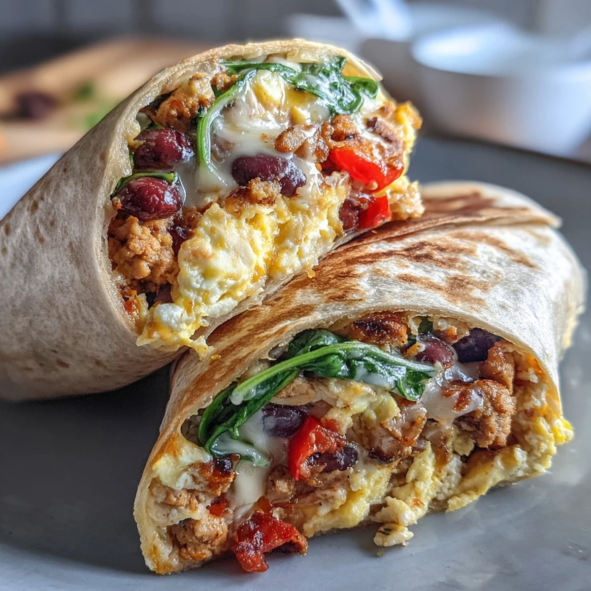 High-protein breakfast burrito filled with fluffy scrambled eggs, seasoned turkey, black beans, and melted cheddar in a whole wheat tortilla.