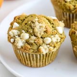 Warm, freshly baked Matcha White Chocolate Pumpkin Muffins, ready for a fall brunch.