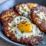 Golden, crispy feta nests cradle two sunny-side-up eggs in this savory Mediterranean breakfast, served warm on toast.