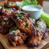 Crispy, buttery Keto Garlic Parmesan Roasted Wings garnished with fresh parsley and a drizzle of ranch dressing.