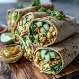 Freshly rolled Vegan Coconut Curry Chickpea Salad Wraps stuffed with crunchy carrots, cucumber, and spinach, served on a wooden board for a quick, healthy lunch.