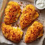 A plate of breaded chicken with cheese and bacon.