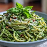 Close-up of al dente spaghetti twirled with bright lemon basil pesto and fresh garnishes.
