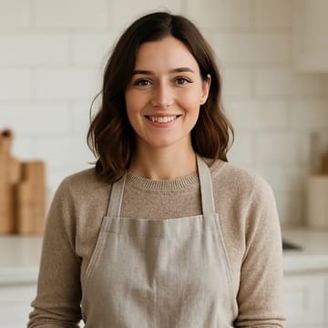 A woman wearing an apron and smiling.