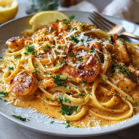 A plate of pasta with shrimp and lemon.