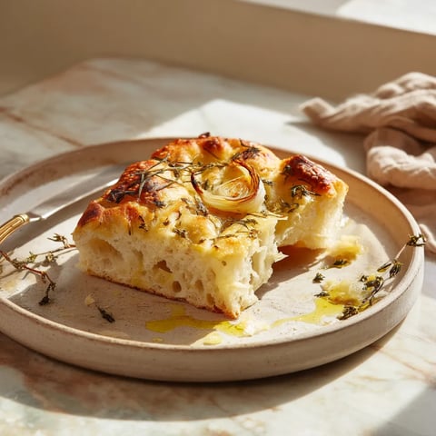 A slice of pizza with onions and herbs on a plate.