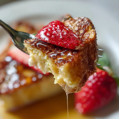A fork is holding a piece of food with a strawberry on top.