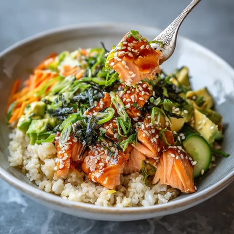 A bowl of food with rice, vegetables, and fish.