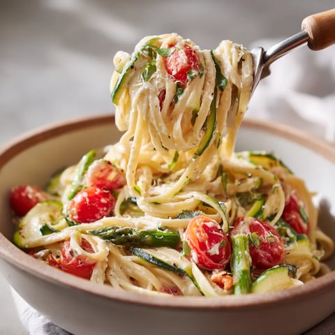 A bowl of pasta with tomatoes and zucchini.