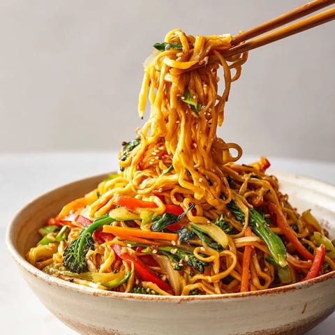 A bowl of noodles with vegetables.