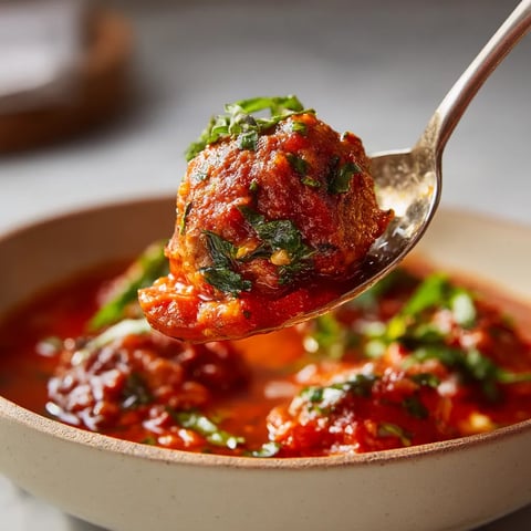 A spoon is being used to scoop a meatball out of a bowl.